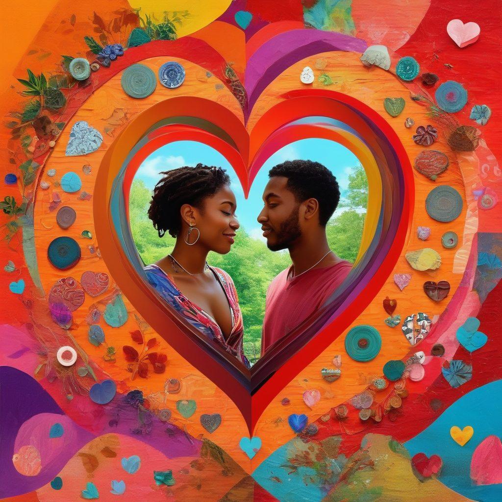 A vibrant collage of diverse couples engaged in various forms of alternative relationships, showcasing open communication and genuine connection in unique settings - from serene parks to cozy homes. Include symbols of love, such as heart shapes and colorful abstract patterns that intertwine to signify deep emotional bonds. Emphasize inclusivity and warmth with bright colors and a joyful atmosphere. surrealistic style. vibrant colors. abstract background.