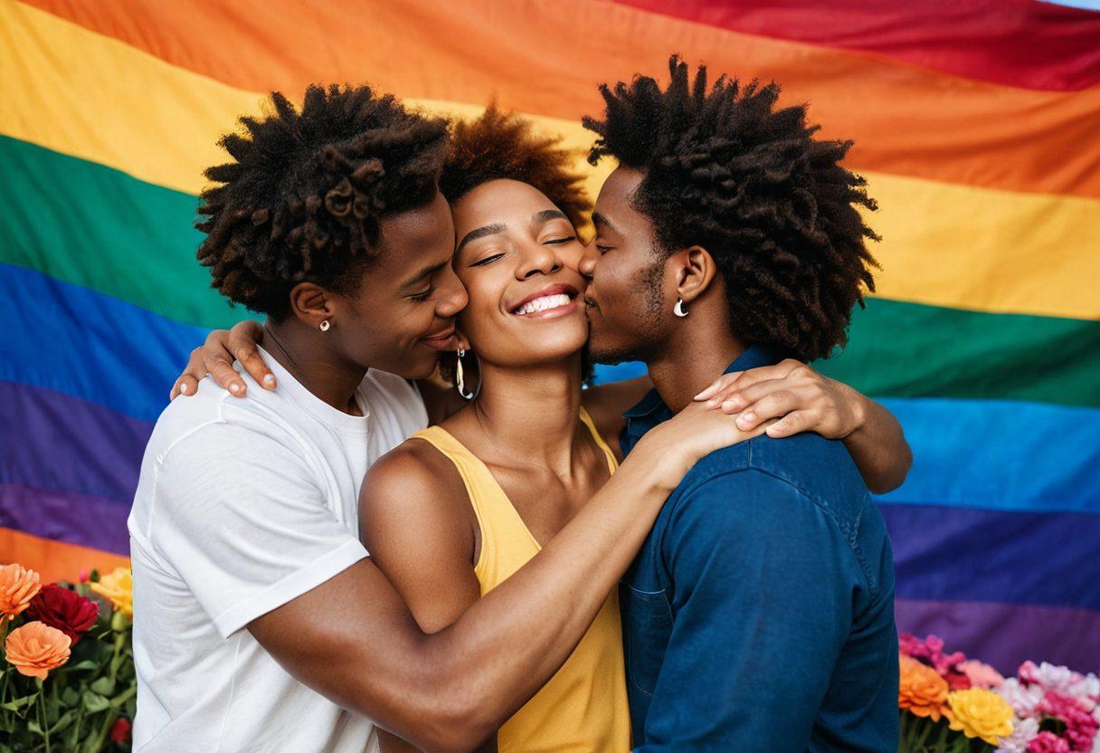 A vibrant and warm scene depicting three diverse individuals in an intimate embrace, set against a backdrop of a rainbow flag. The atmosphere is filled with passion and connection, showing the beauty of love in its many forms. Include elements that symbolize the LGBTQ+ community, like hearts and flowers, radiating a sense of acceptance and celebration. Artistic touches like soft lighting and bold colors enhance the emotion of the moment. super-realistic. vibrant colors. warm tones.